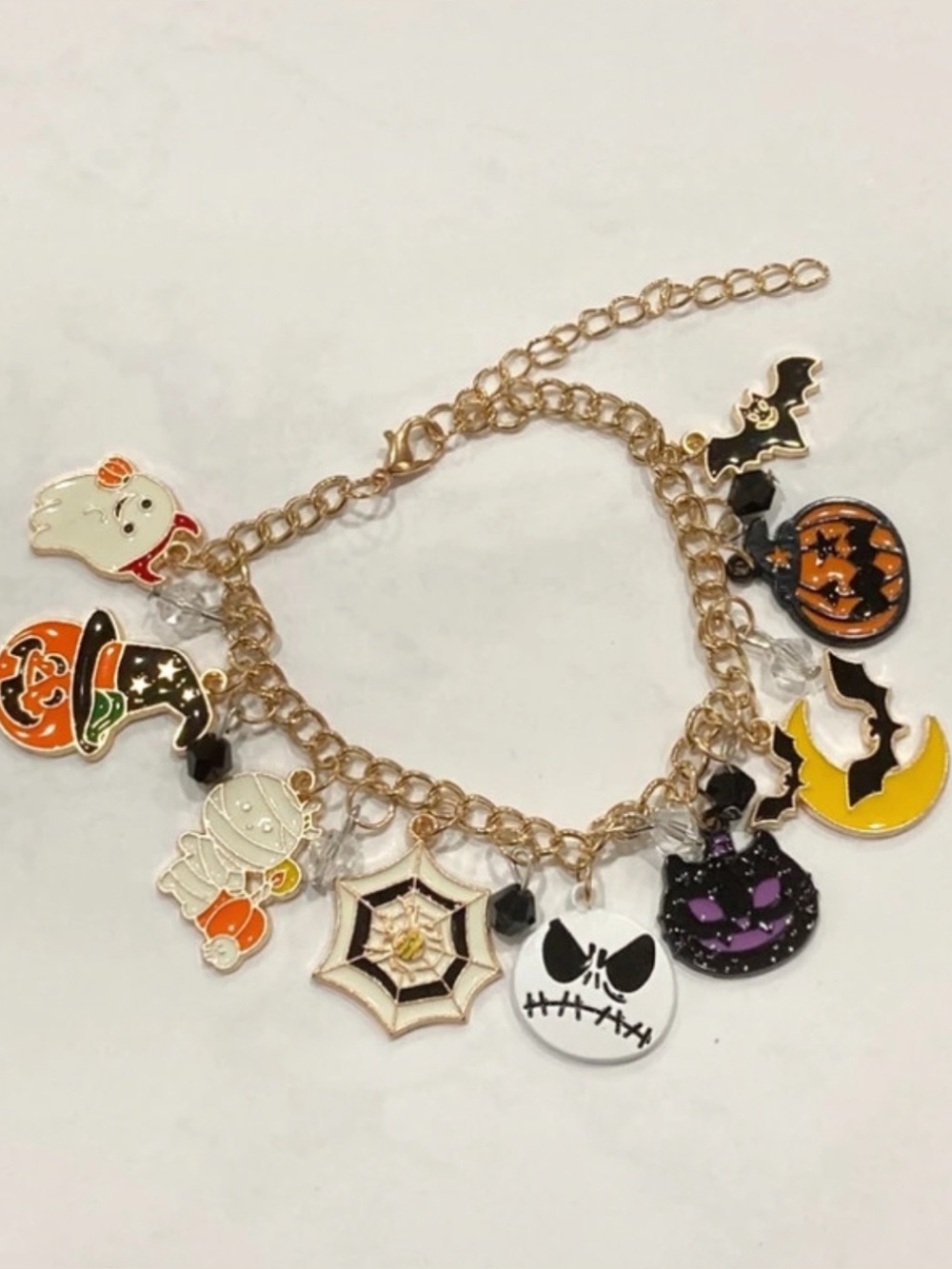 Halloween Pumpkin Ghost Bat Witch Skeleton Gold Tone Charm Bracelet - Picture 3 of 6
